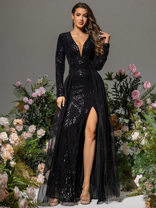 Deep V Neck Long Sleeve A Line Sequins Slit Maxi Dress