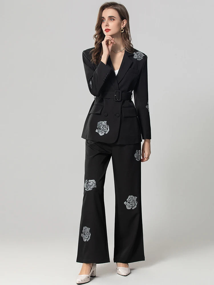 Crystal Floral Patchwork Double Breasted Blazer Strait Trouser Set