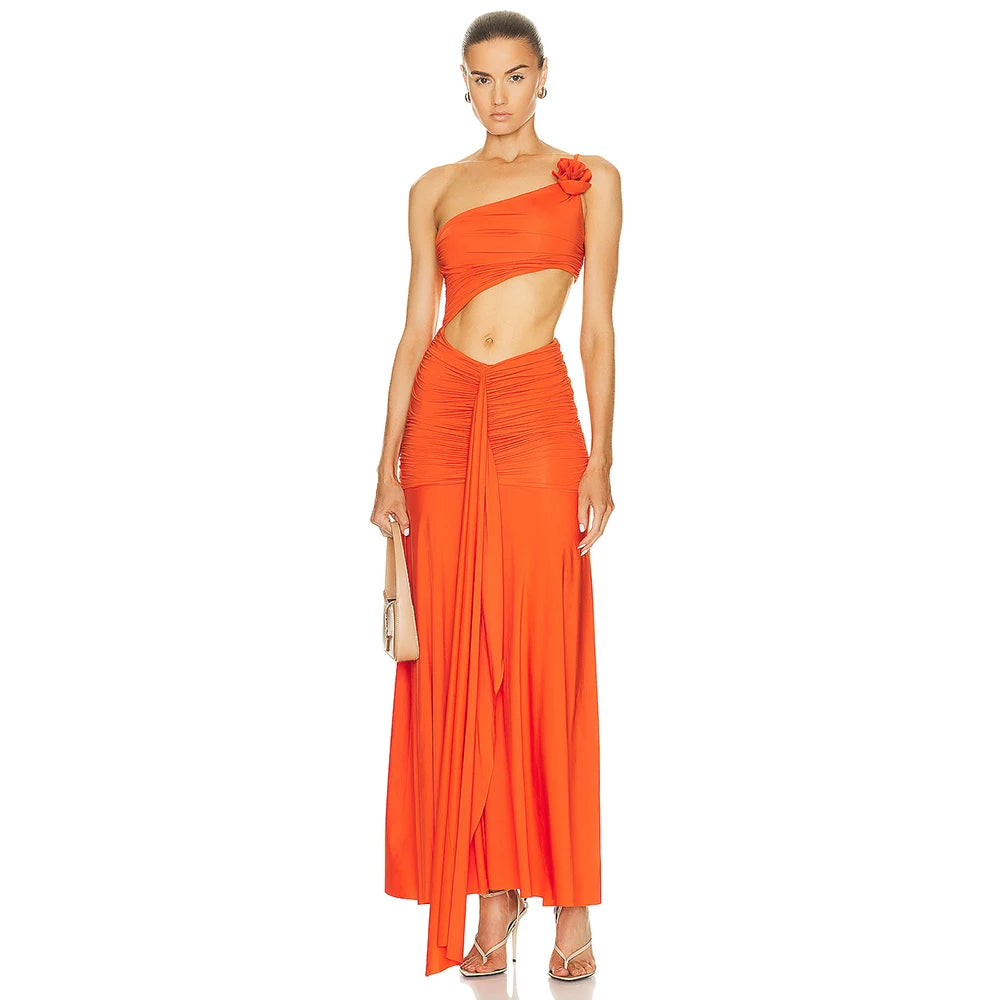 Sleeveless One Shoulder Pleated Hollow out Maxi Dress