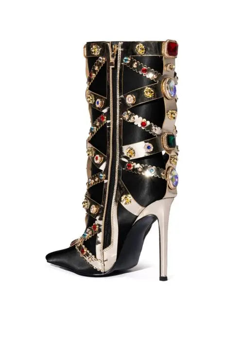 Colourful Bling Crystal Gem Pointed Toe Knee High Boots