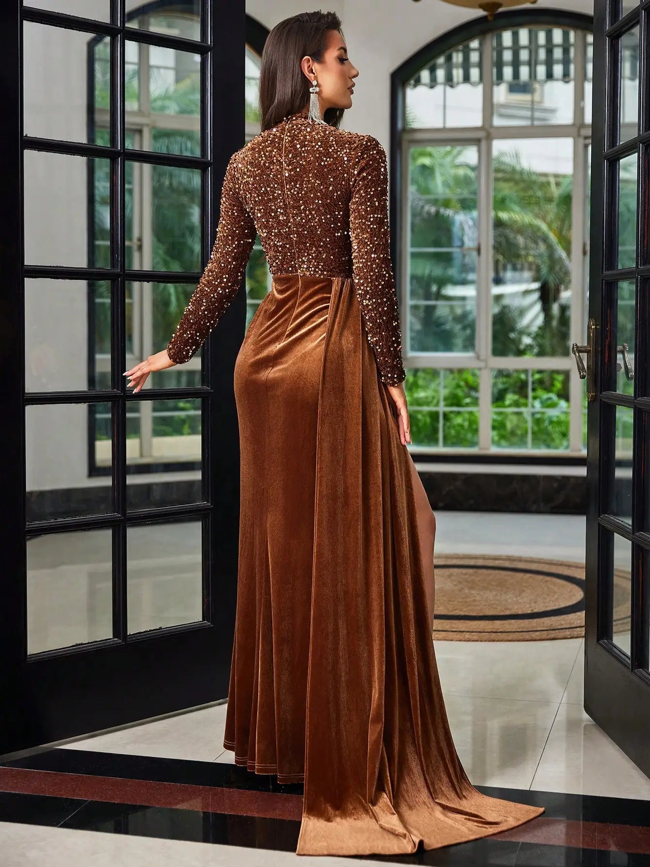 Long Sleeve Sequin Patchwork High Slit Formal Velvet Maxi Dress