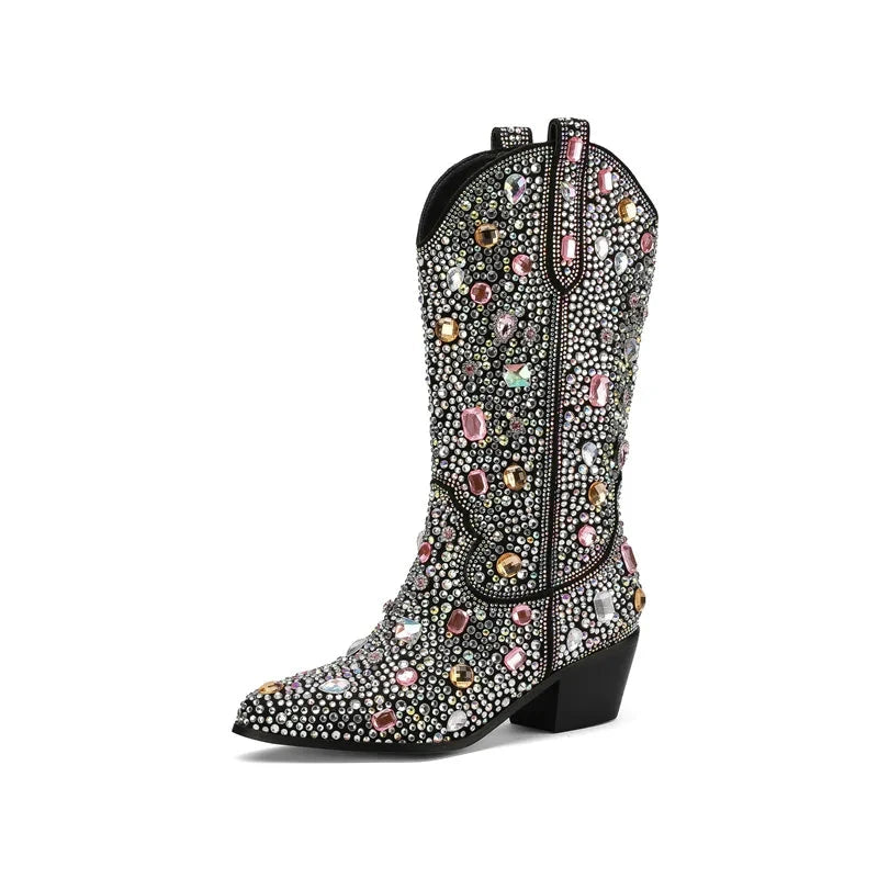 Crystal Rhinestone Pointed Toe Slip On Thick Heel Mid Boots