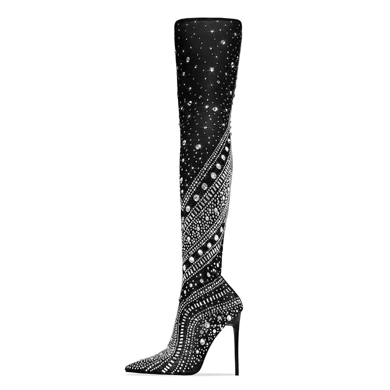 Crystal Embellished Stretch Thigh High Heel Over The Knee Boots