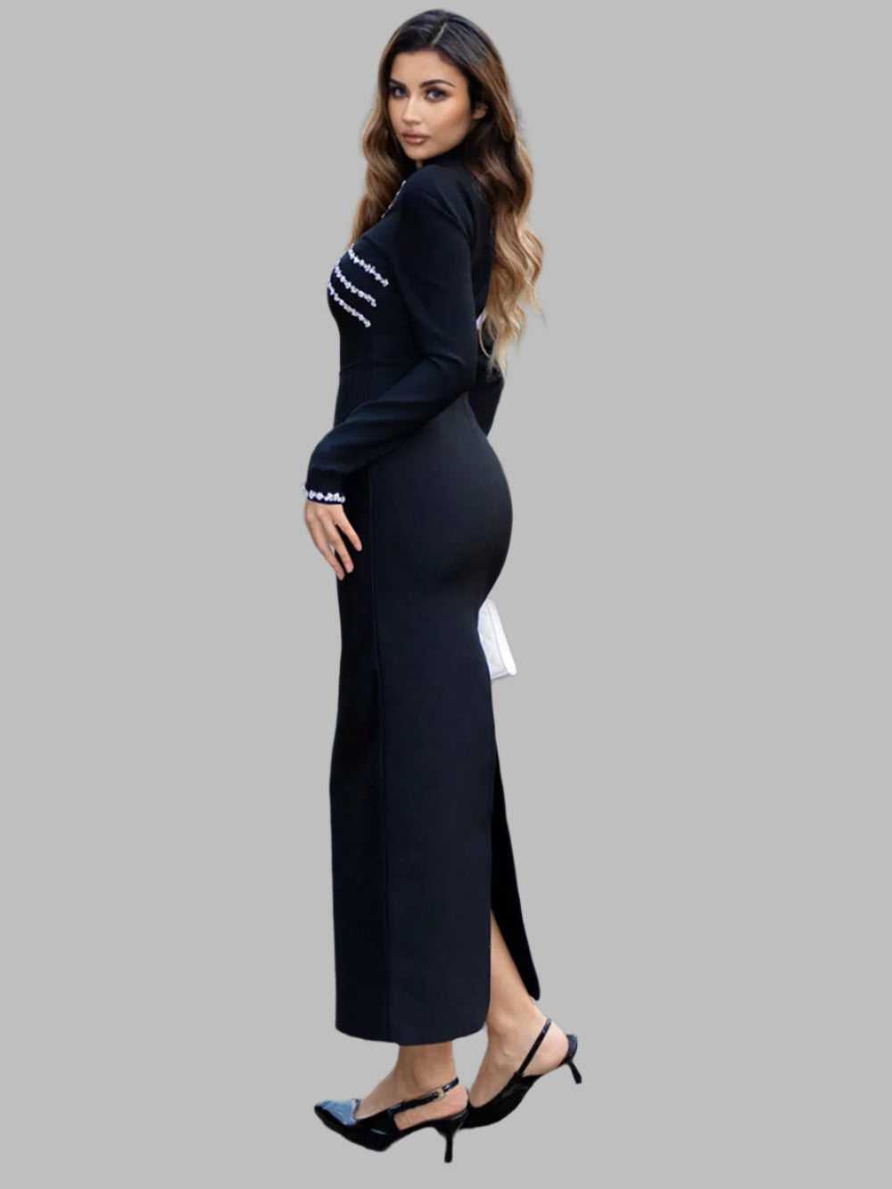 Diamond Patchwork With Stand Collar Long Sleeve Bandage Maxi Dress