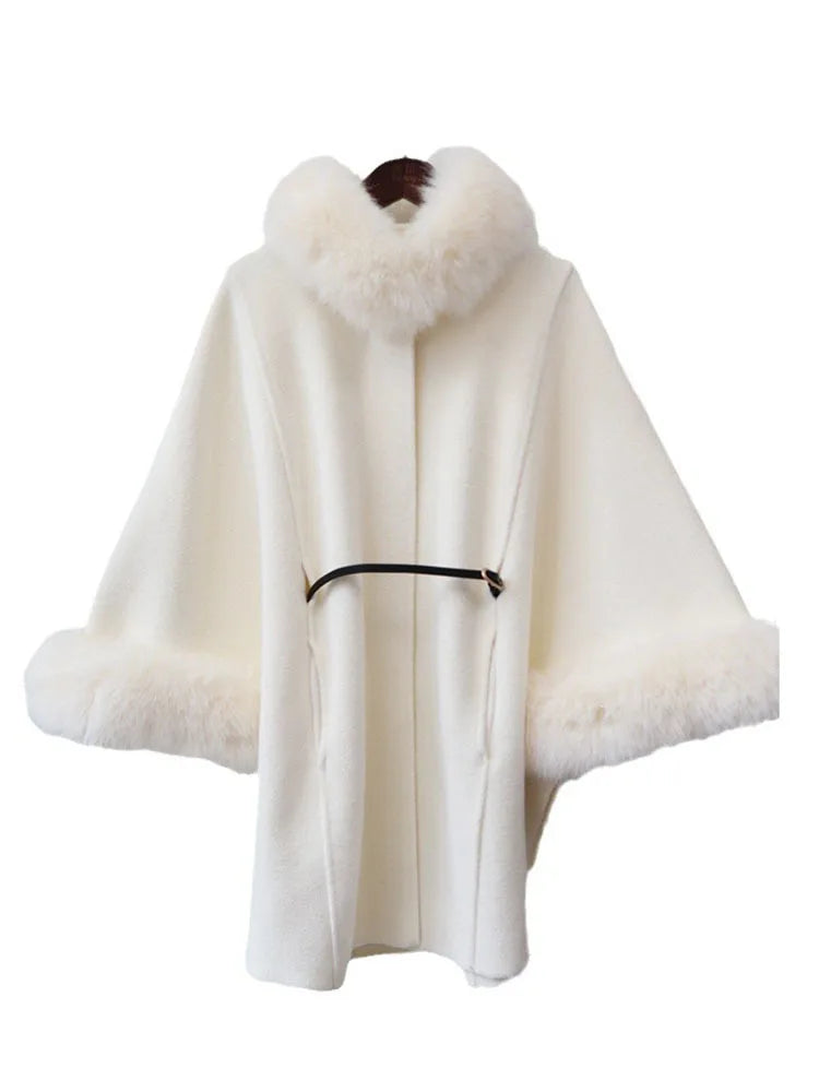 Fur Collar Knitted Double Sided Cloak Loose Belt Waist Shawl Coat