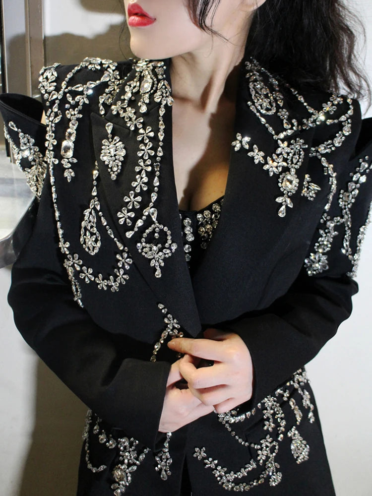 Patchwork Diamonds Blazers Notched Collar Long Sleeve Hollow Out Blazer