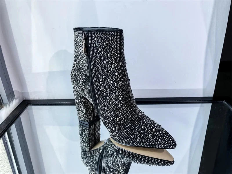 Pointed Toe Silver Rhinestone Glitter Bling Shiny Ankle Boots