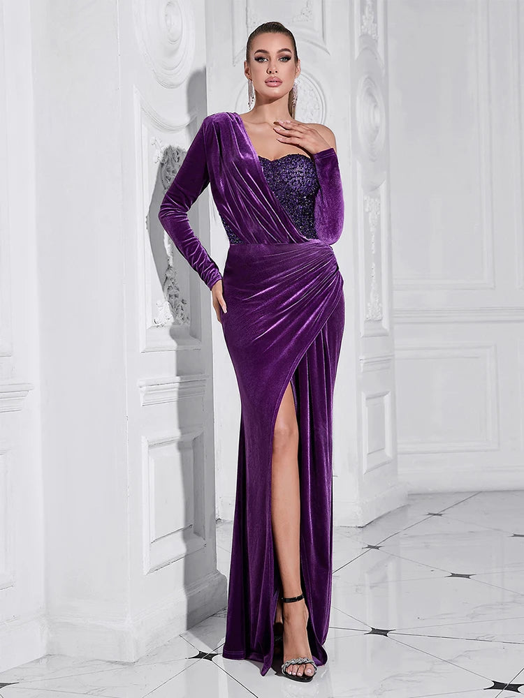 Asymmetrical Neck Sequins Patchwork Velvet Long Sleeves Split Maxi Dress