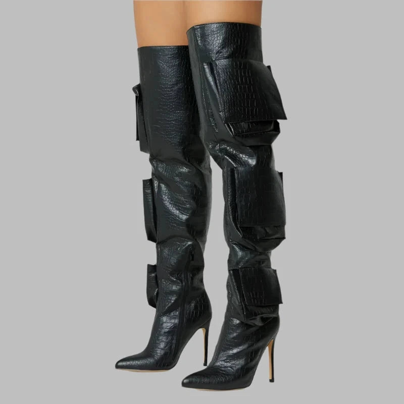 Pocket Pointed Toe Thigh High Heels Over The Knee Boots