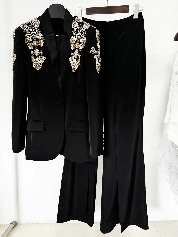 3D Flower Studded Diamonds Beaded Blazer Split Wide Leg Mid Waist Trouser Set