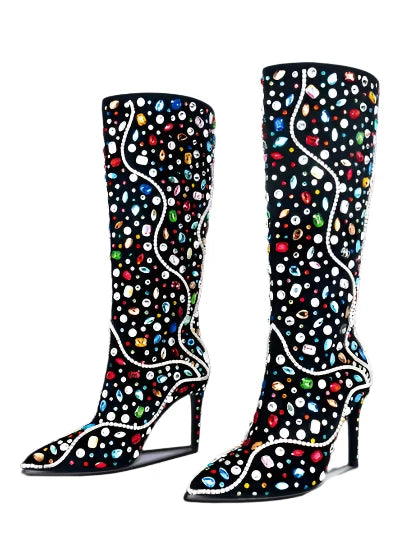 Rhinestone Pointed Toe Bling Crystal Thin High Heel Knee High Boots