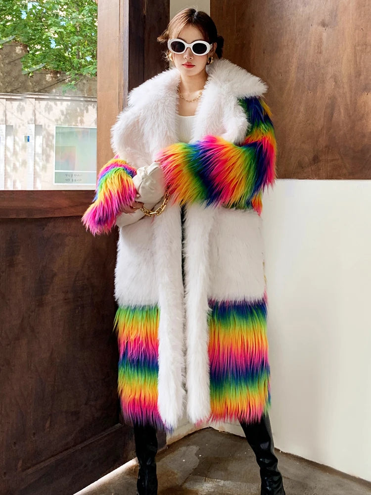 Lapel Rainbow Coloured Long Sleeves Loose Fit Faux Fur Coat