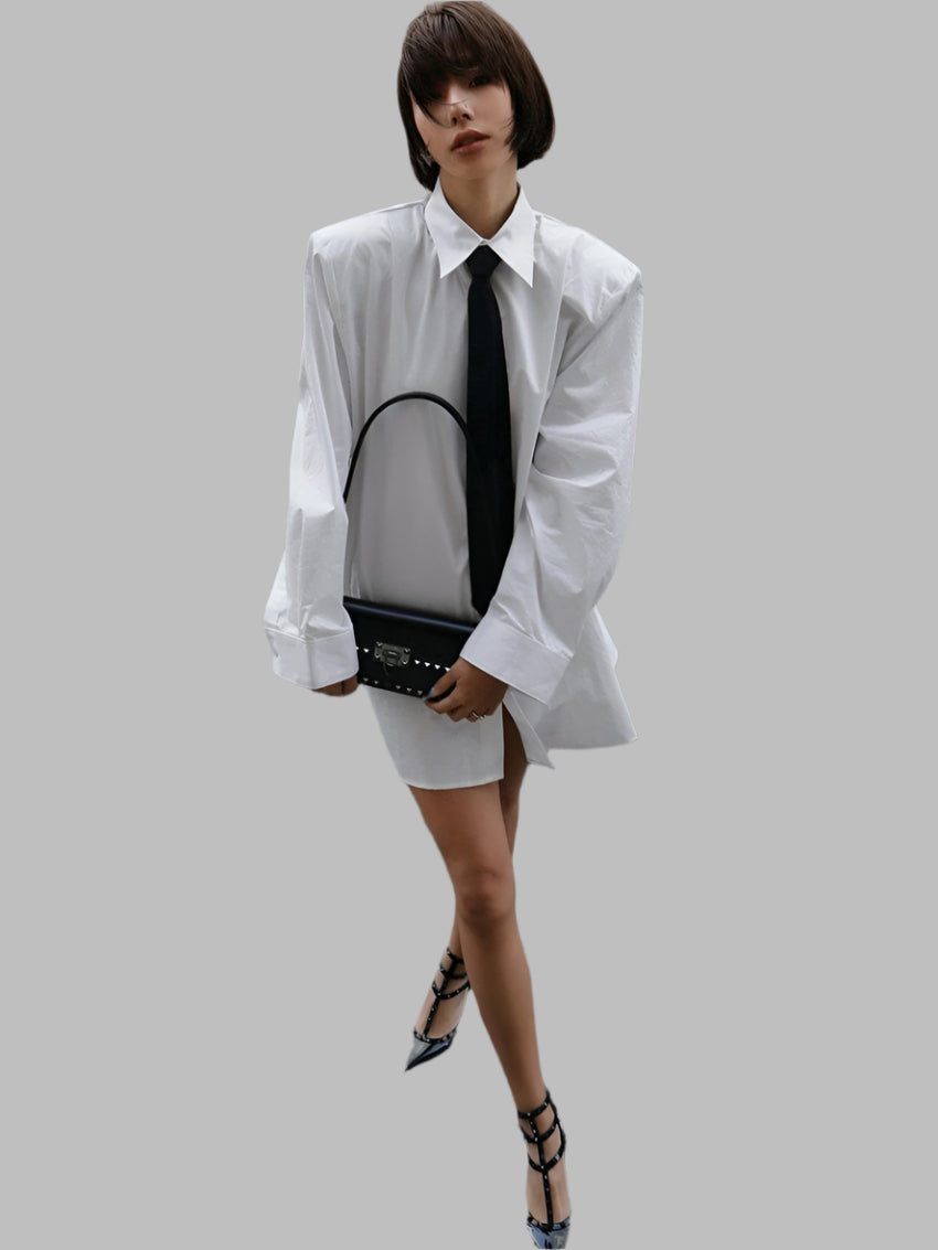 Loose Cotton With Tie Formal Lapel Long Sleeve Mini Shirt Dress