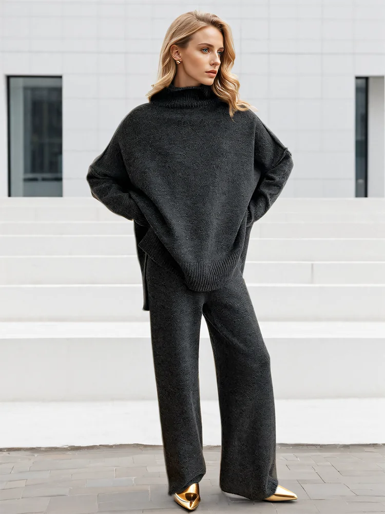 Turtleneck Loose Fit Long Sleeve Pullover High Waist Knitted Trouser Set