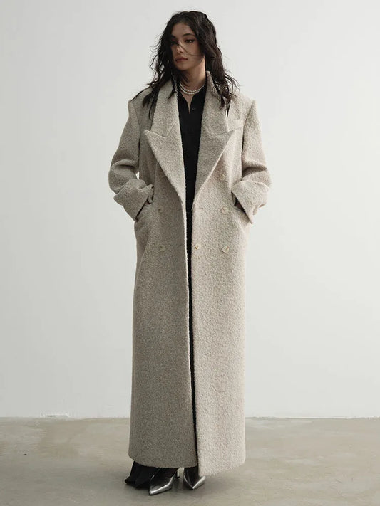 Turn-down Collar Lapel Long Sleeve Woollen Maxi Coat