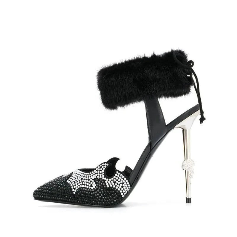 Crystal Fur Pointed Toe Ankle Strap High Heels Shoes