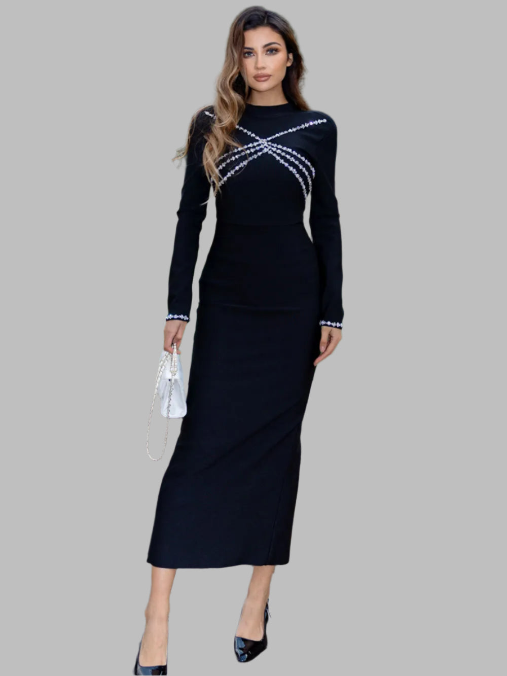 Diamond Patchwork With Stand Collar Long Sleeve Bandage Maxi Dress