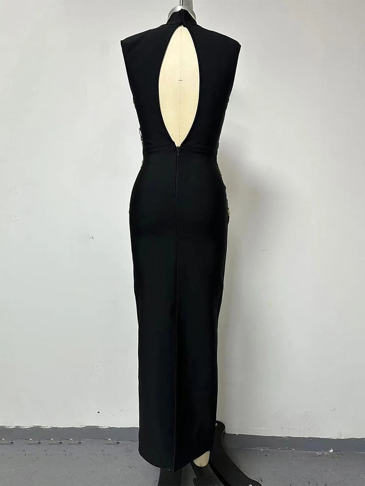 Spliced Crisscross Diamonds Turtleneck Sleeveless Hollow Out Maxi Dress