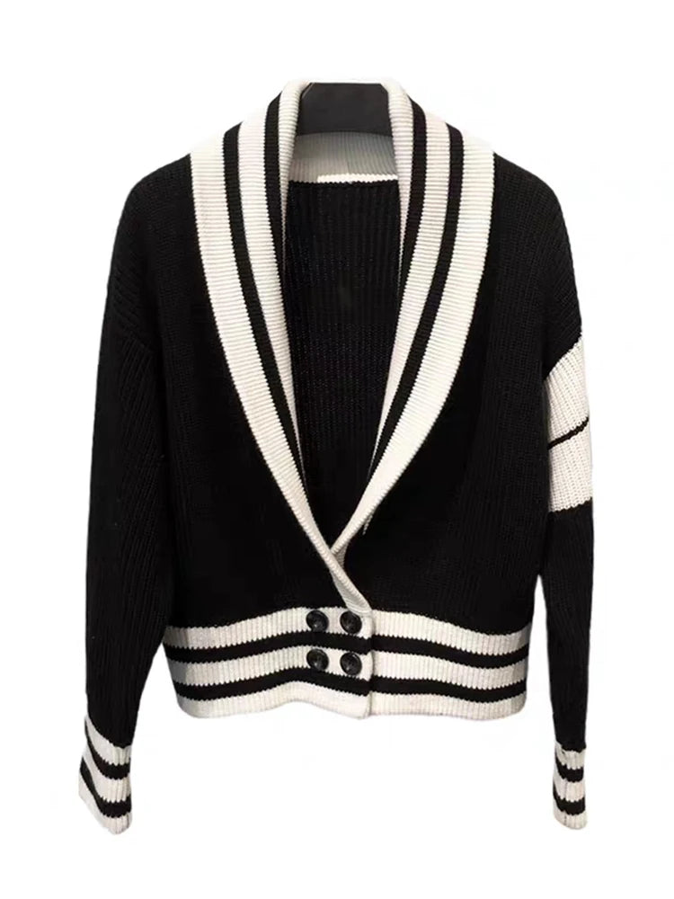 V Neck Long Sleeve Striped Knitting Spliced Button Loose Cardigan