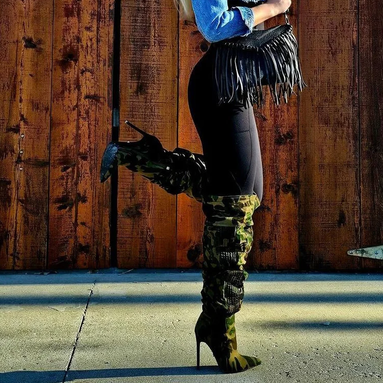 Print Point Toe Soft Canvas High Heel Over the Knee Boots