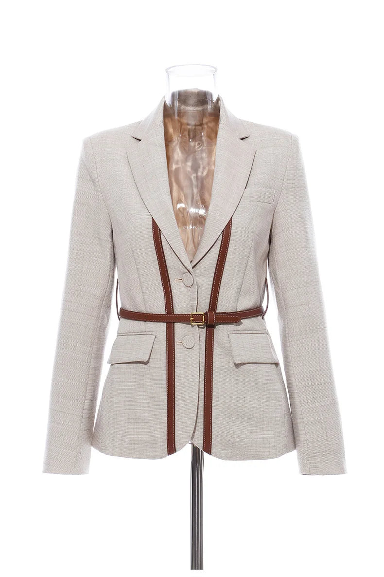 Notched Collar Spliced Contrasting Colours PU Leather Belt Blazer