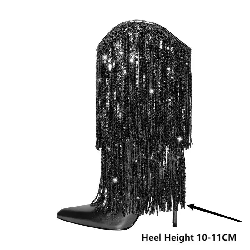 Pointed Toe Sequin Fringe Thin High Heel Mid Boots