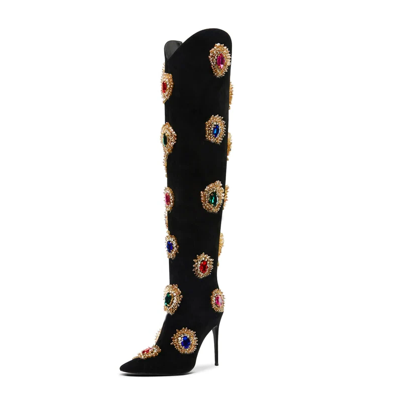 Colourful Flower Crystal Thin High Heel Over Knee Boots