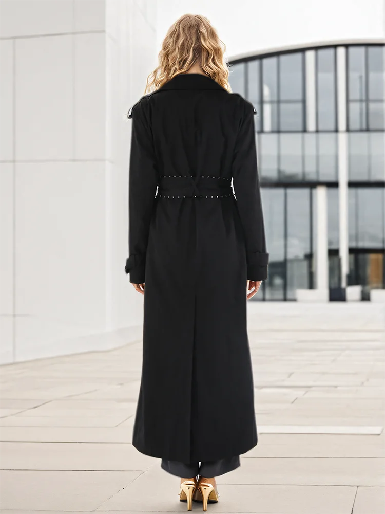 Girdle Metal Buckle Lapel Double Breasted Pockets Slim Trench Maxi Coat