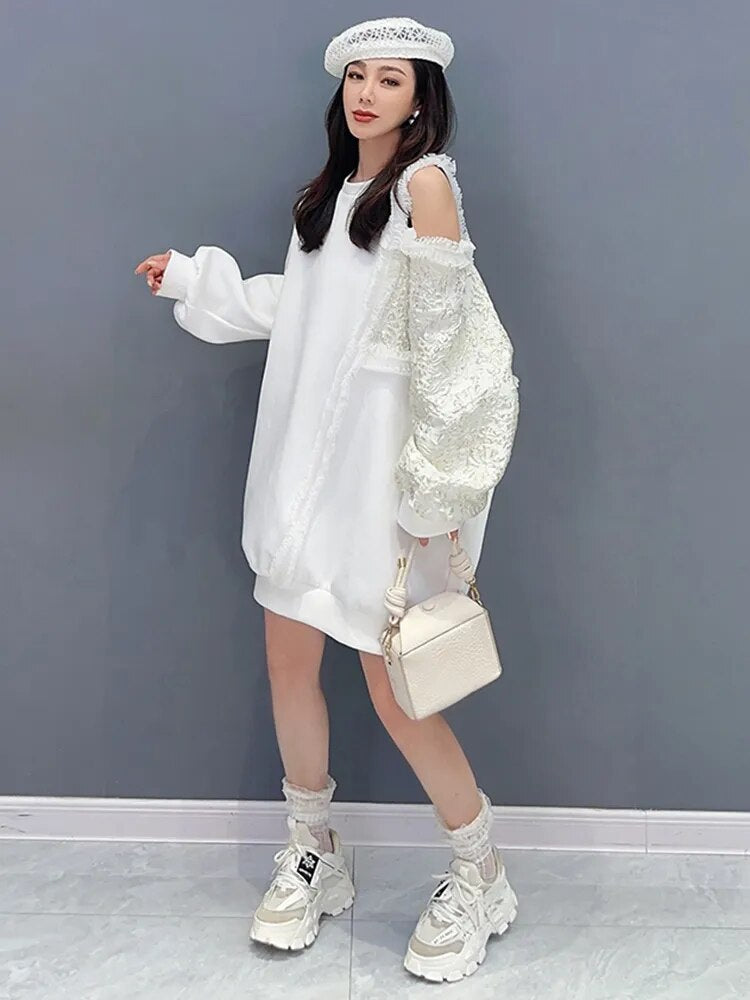 Off Shoulder Patchwork Full Sleeve Casual Pullover