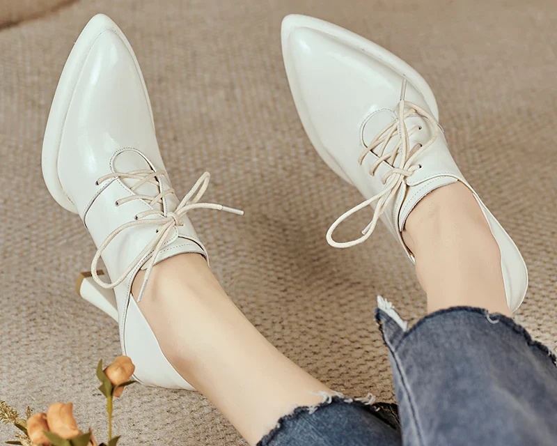 Genuine Leather High Heels Platform Lace Up Shoes