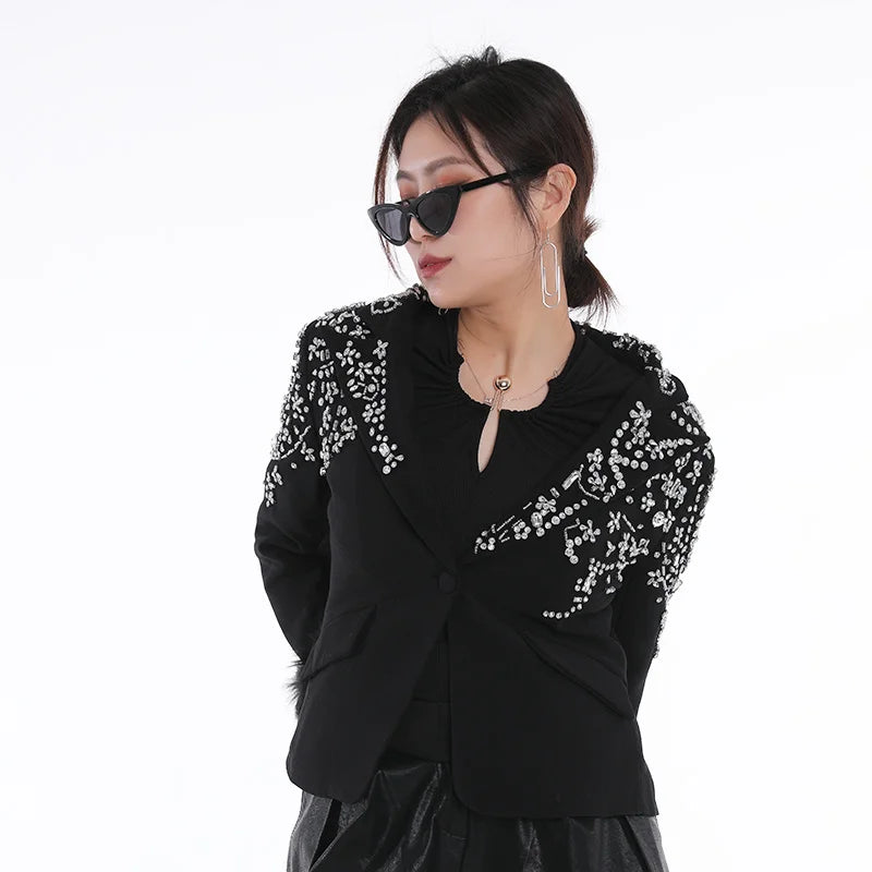 Irregular Rhinestone Single Button Feather Spliced Sleeve Blazer