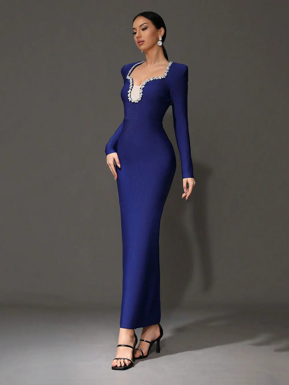 Diamond Decor V Neck Long Sleeve Bandage Maxi Dress