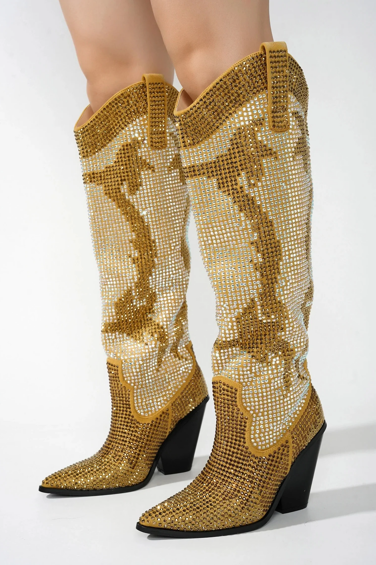 Bling Silver Crystal Stacked Rhinestone Knee High Chunky Heels Boots