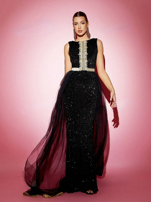 Backless Sequin Sleeves Decorated Mesh Evening Mermaid Maxi Dress