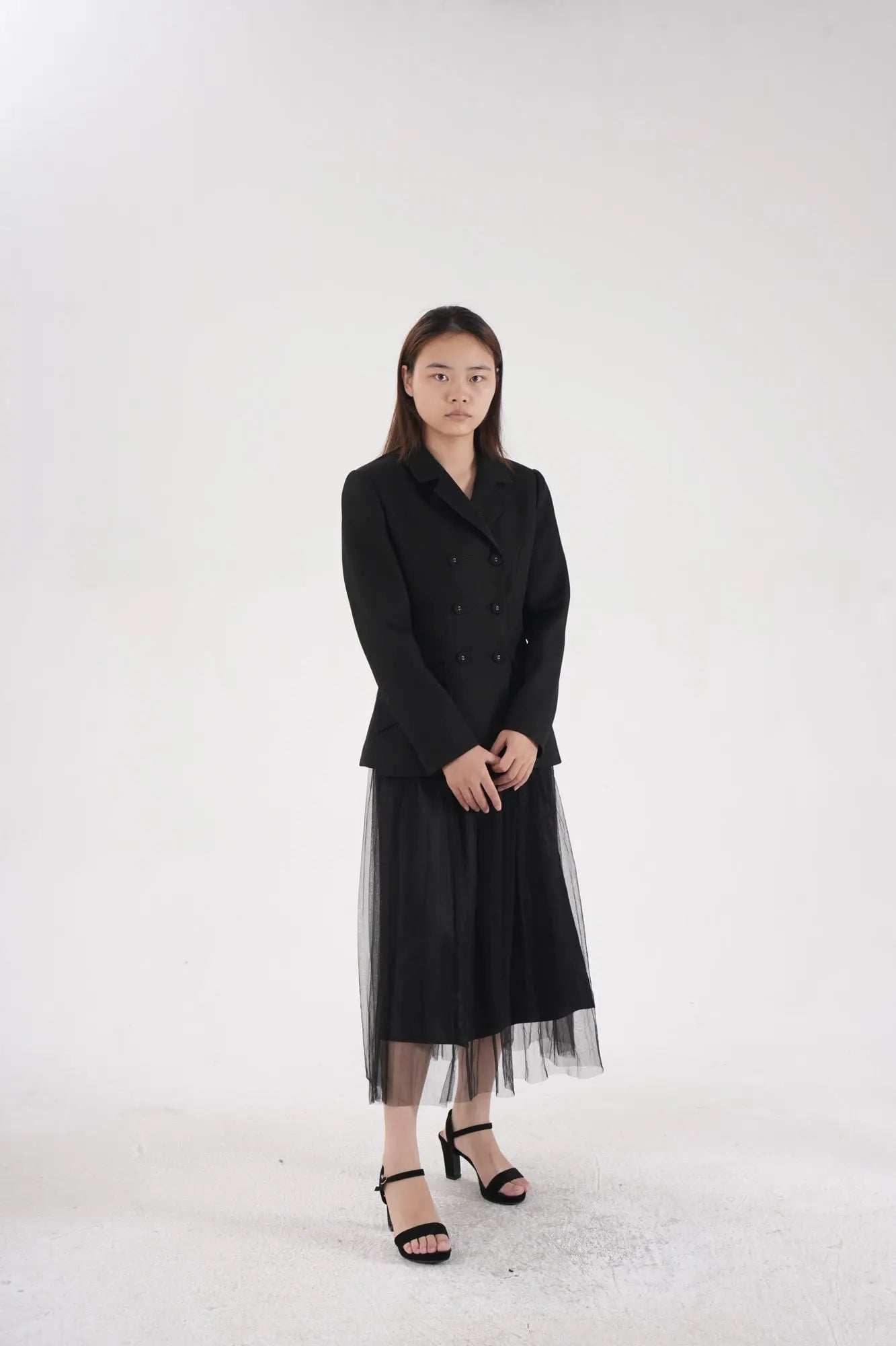 Lapel Tweed Long Sleeve Blazer Elastic Waist Mesh Mid-Calf Skirt Set