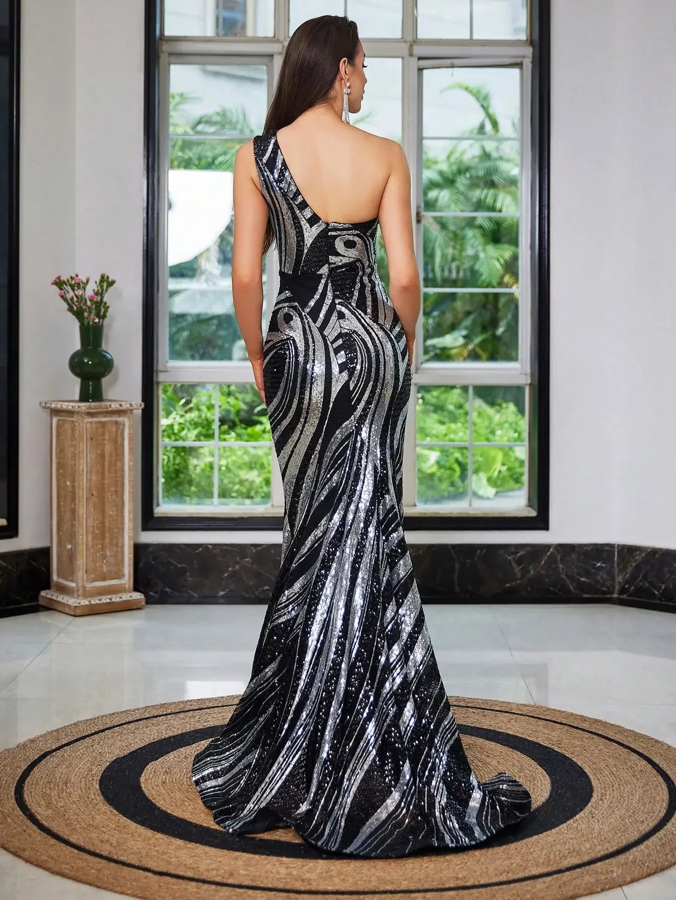 asymmetrical Neck One Shoulder Sequin Mermaid Trail Maxi Dress