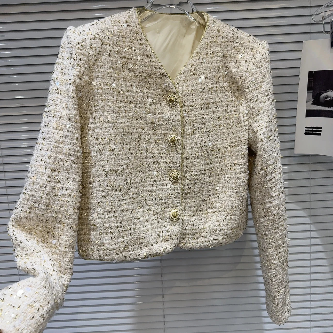 Sequin Tweed Single breasted O neck Long Sleeve Mini Jacket