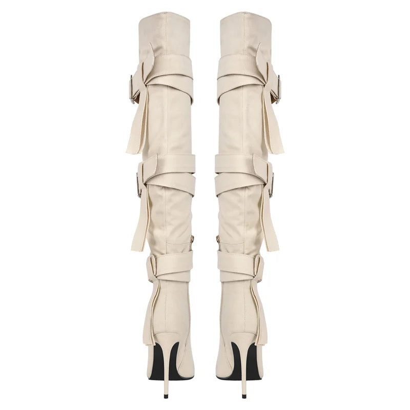 Pointed Toe Canvas Buckle Strap Thin High Heel Zipper Knee High Boots