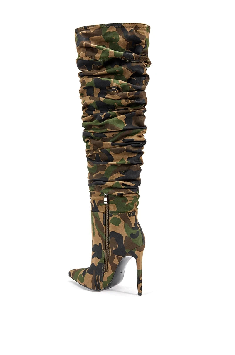 Print Point Toe Soft Canvas High Heel Over the Knee Boots