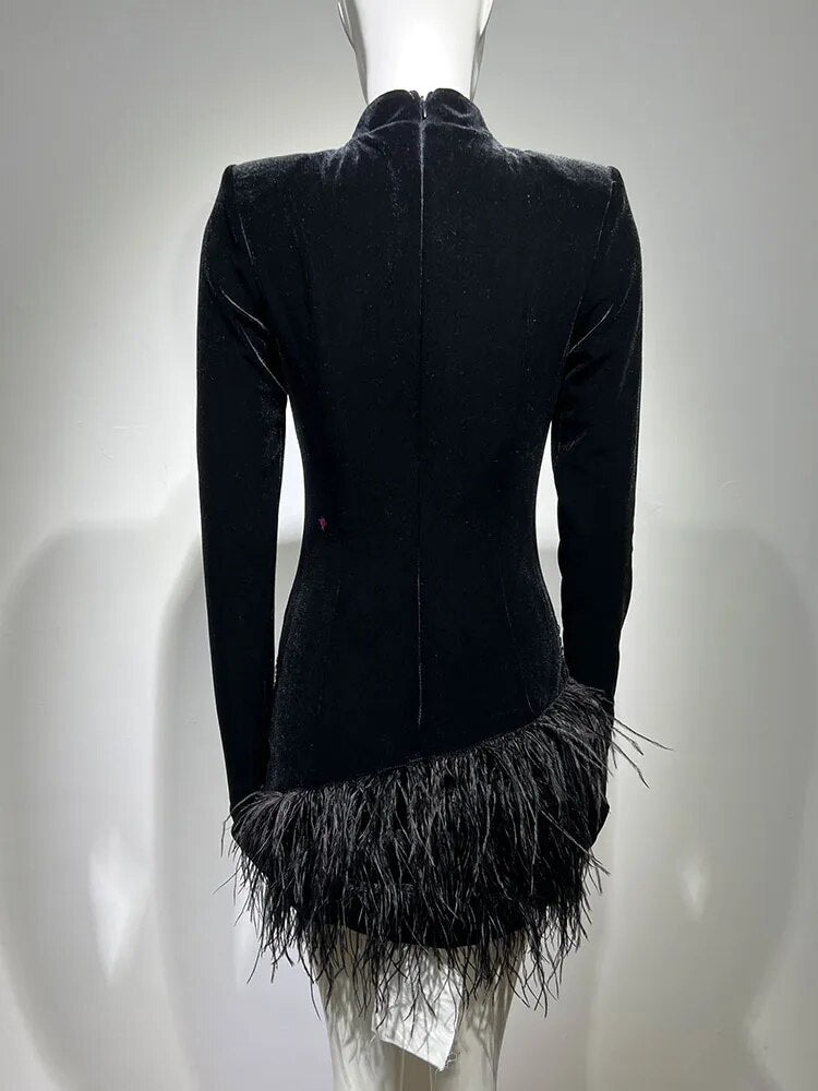 Turtleneck Long Sleeve Crystal Decor Velvet Feather Mini Dress