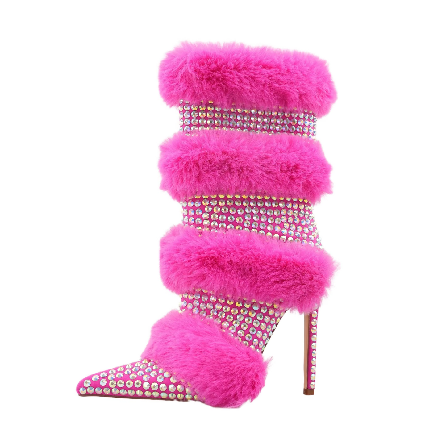 Shining Rainstone Fur Zip Up Pointed Toe Thin High Heels Boots