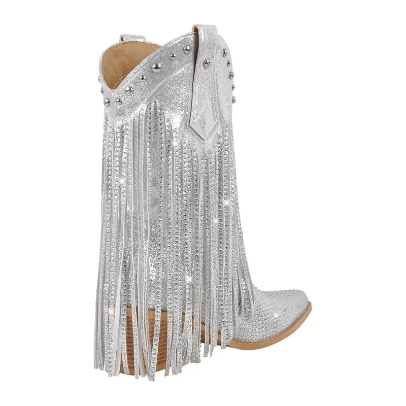 Pointed Toe Rhinestone Bling Pointed Toe Fringe Mid Boots