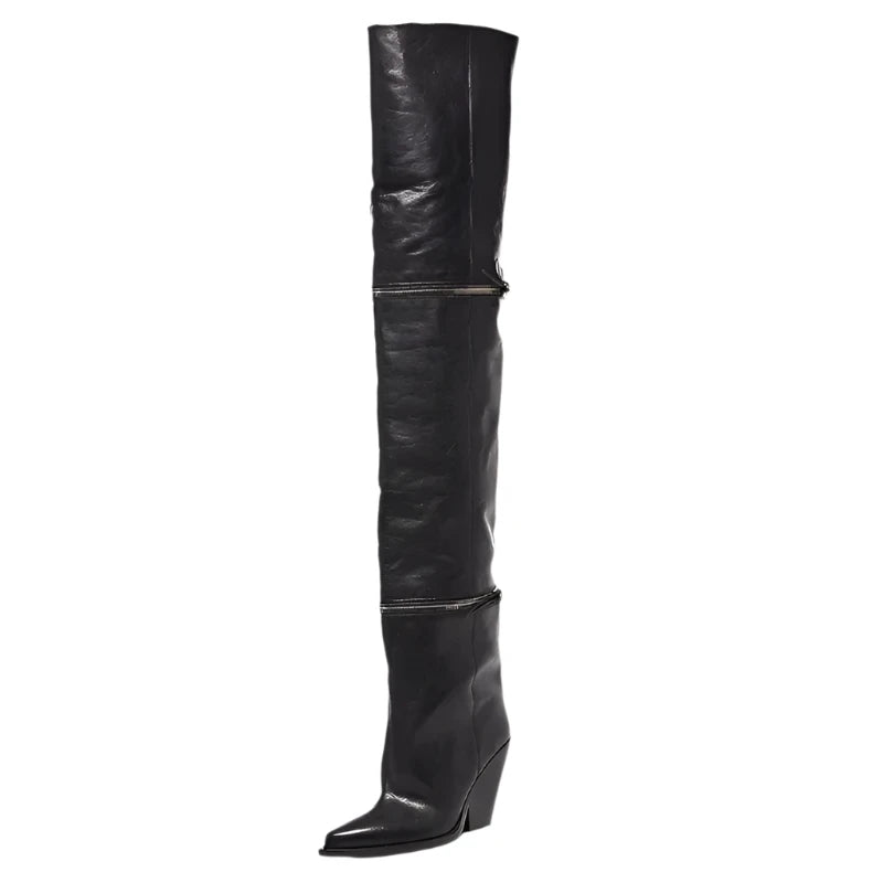 Metal Zipper Chunky Heel Pointed Toe Thigh Over The Knee Boots