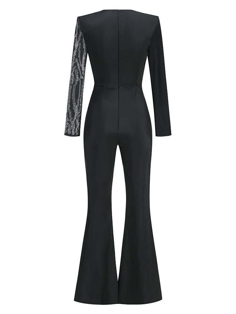 V Neck Sparkly Diamonds Draped Long Sleeve Folds Crystal Wide Leg Jumpsuit