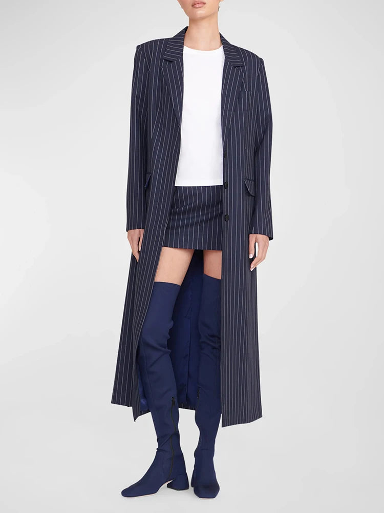 Stripe Notched Collar Long Sleeves Single Breasted Pockets Slim Long Coat