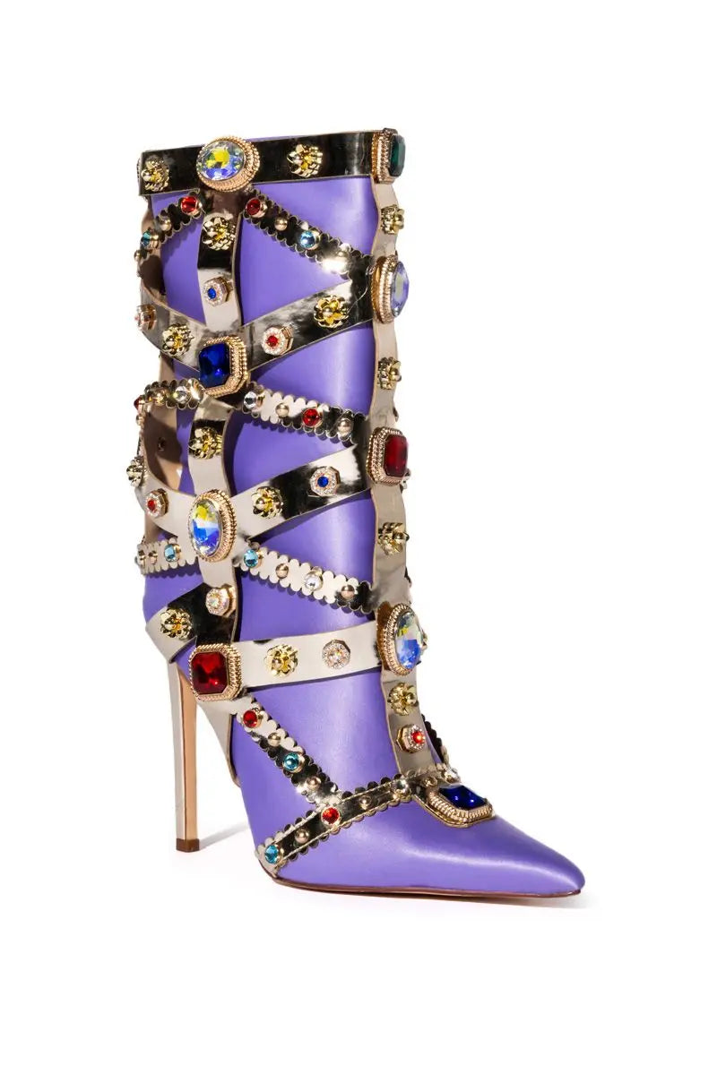 Colourful Bling Crystal Gem Pointed Toe Knee High Boots