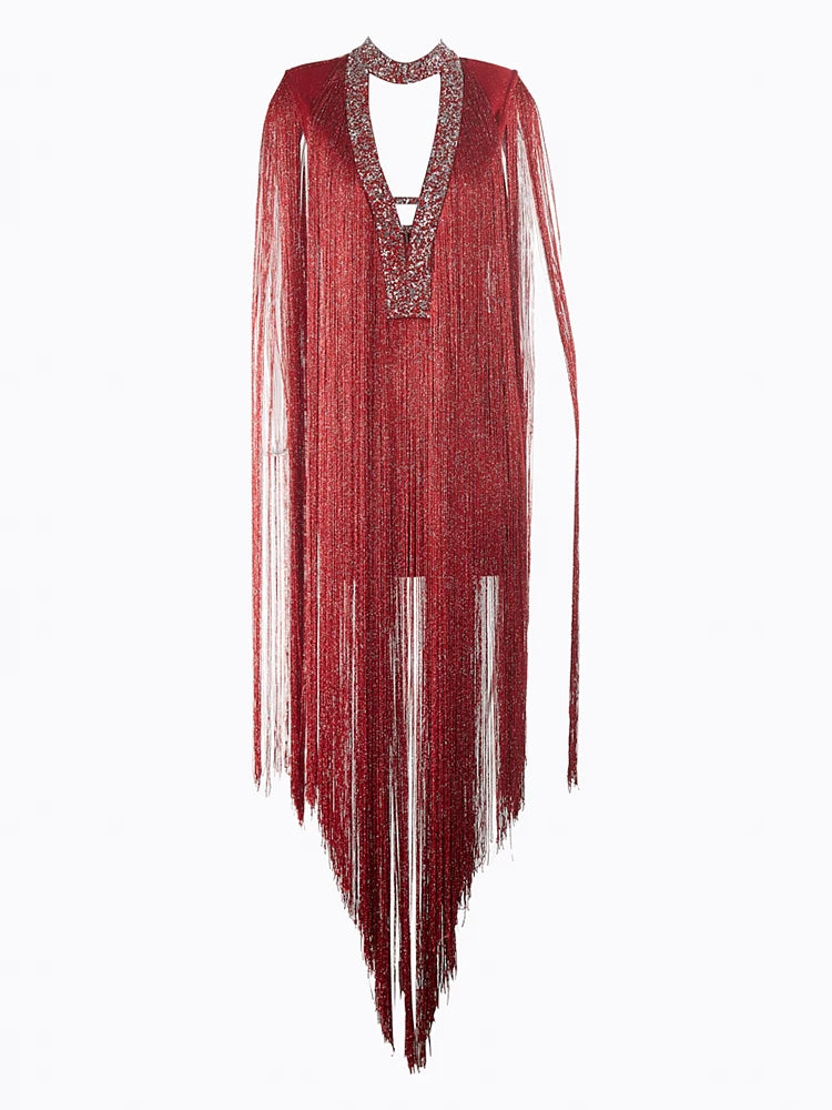 Sleeveless O Neck Tassel Claret Hollow Out Shiny Bandage Mini Dress