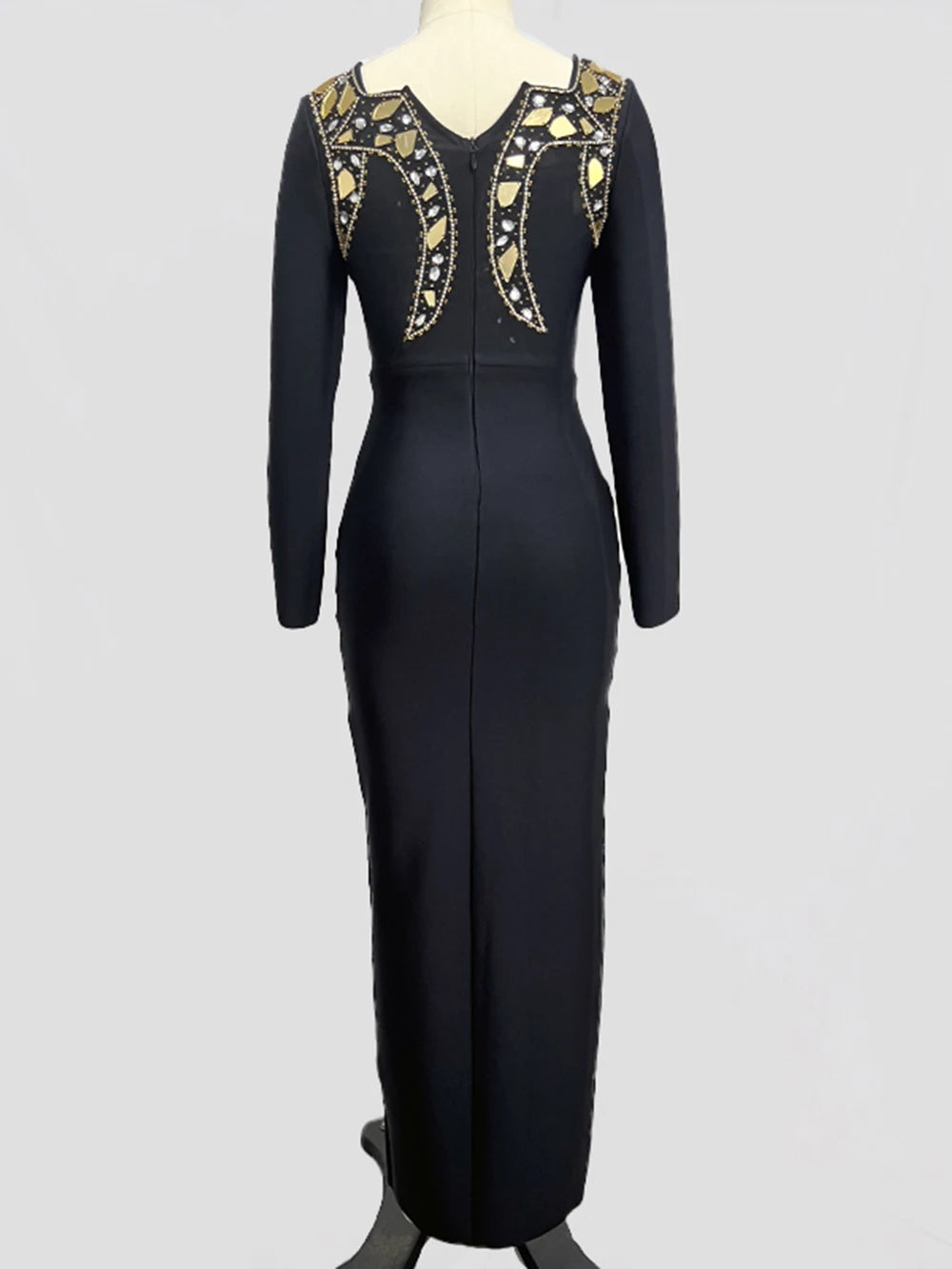 Toothed Collar Long Sleeve Sequins High Split Bandage Maxi Dress