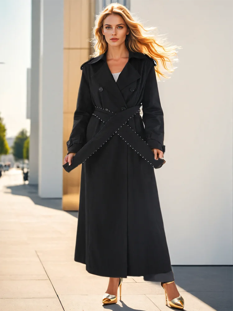 Girdle Metal Buckle Lapel Double Breasted Pockets Slim Trench Maxi Coat