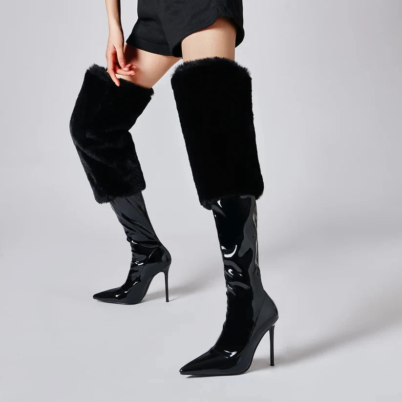 Pu Leather Pointed Toe Fur Patchwork High Heels Over The Knee Boots